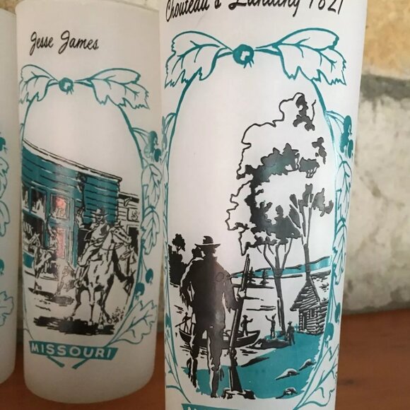 Vtg Missouri BARWARE Frosted Glass Tumblers Cowboy Western Jesse James SET OF 3 - Picture 5 of 6